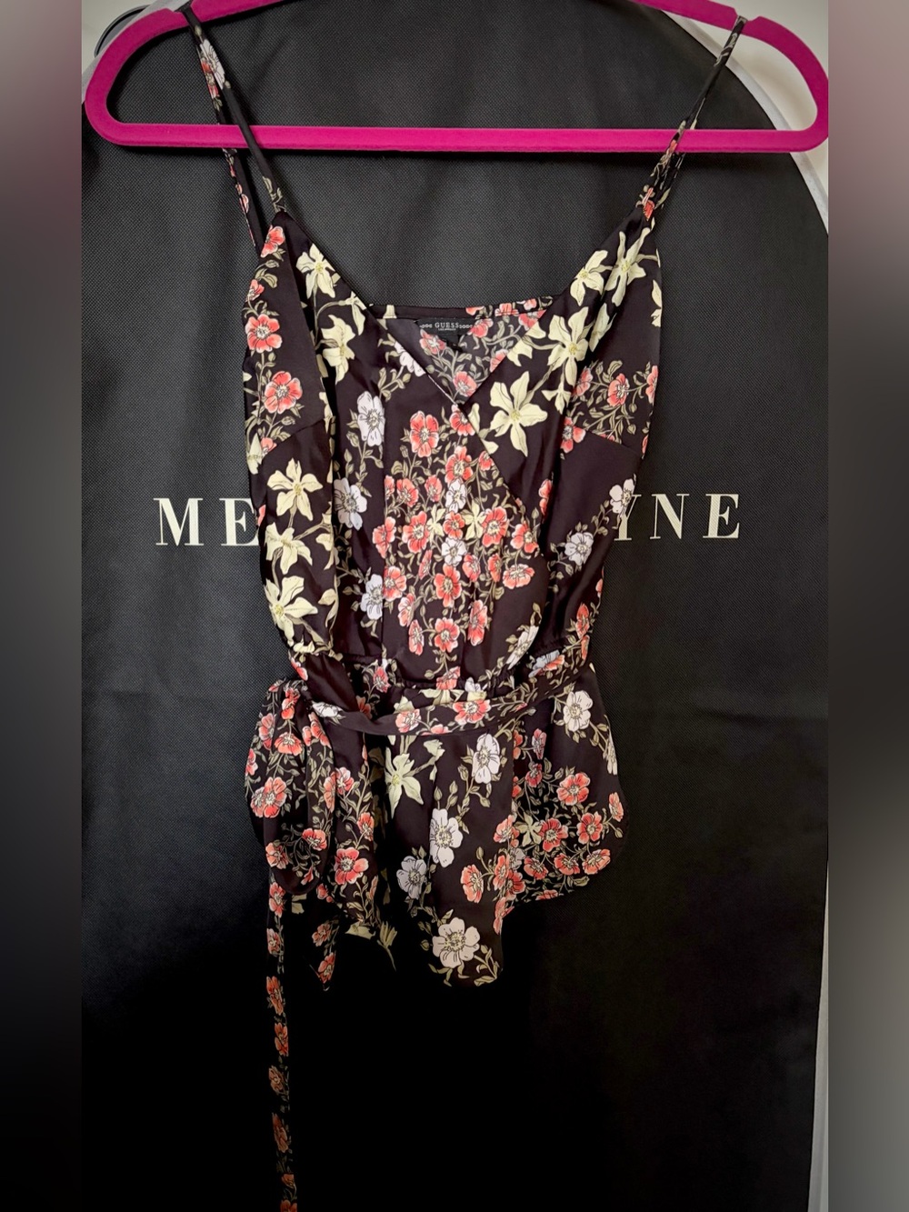Guess-Peplum Top W/Spaghetti Straps & Tie & Waist-Black W/Floral Design-Size Sm